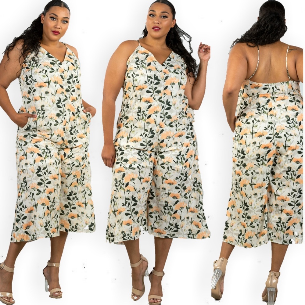 1x-3x PLUS SIZE YELLOW & FLORAL CAPRI JUMPSUIT - Picture 1 of 7